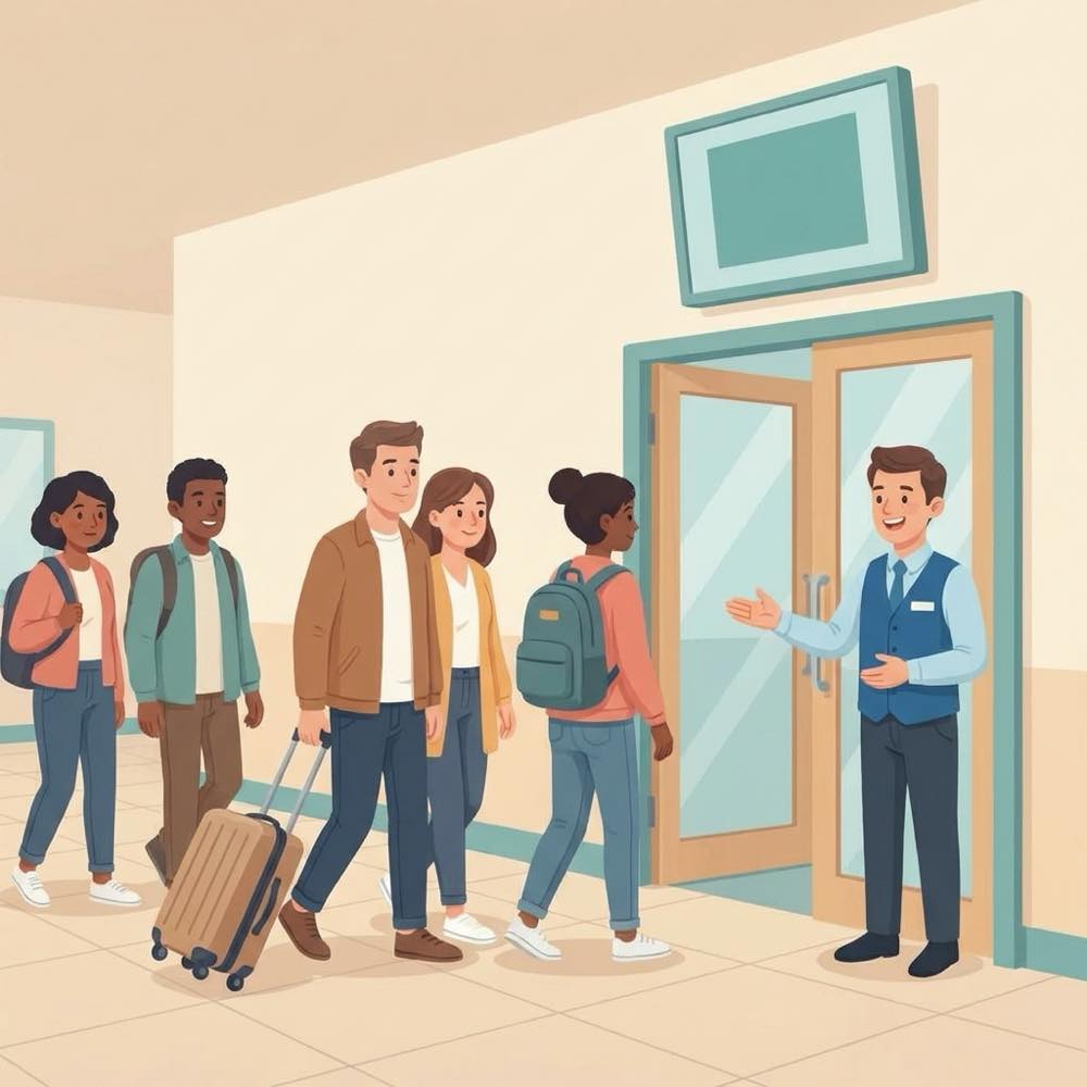 Boarding & group calling scene: A steady flow at the door.