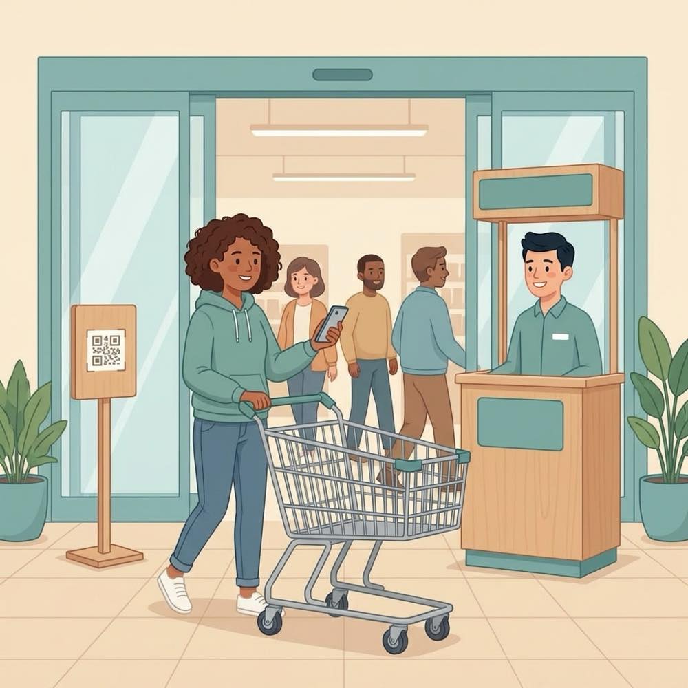 Checkout counters scene: Grab a number from the QR.
