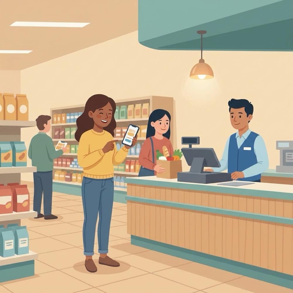 Checkout counters scene: “Come to Counter 2”.