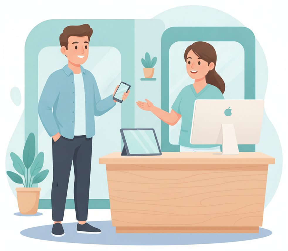 A patient with a phone and a friendly clinic staff member at a tidy front desk.