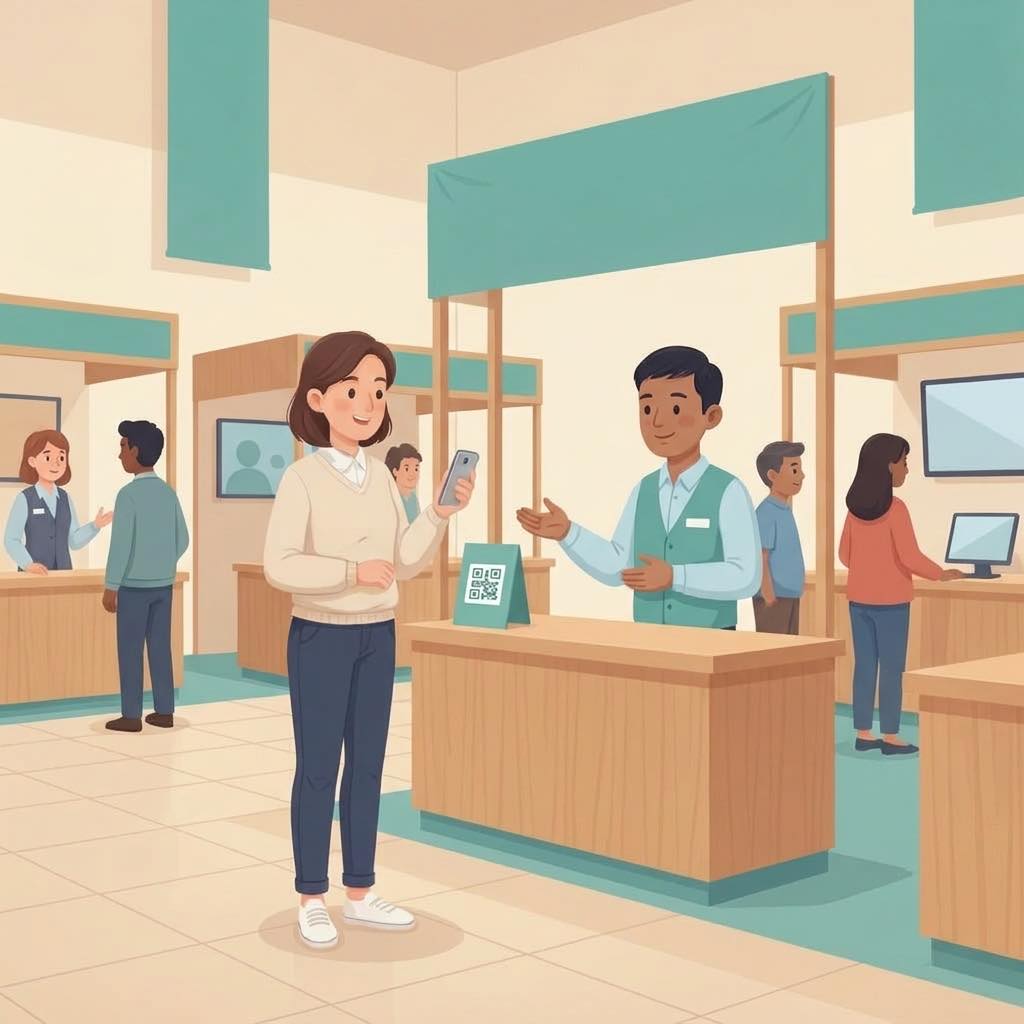 A visitor scanning a QR code at a friendly conference booth while a rep greets them.