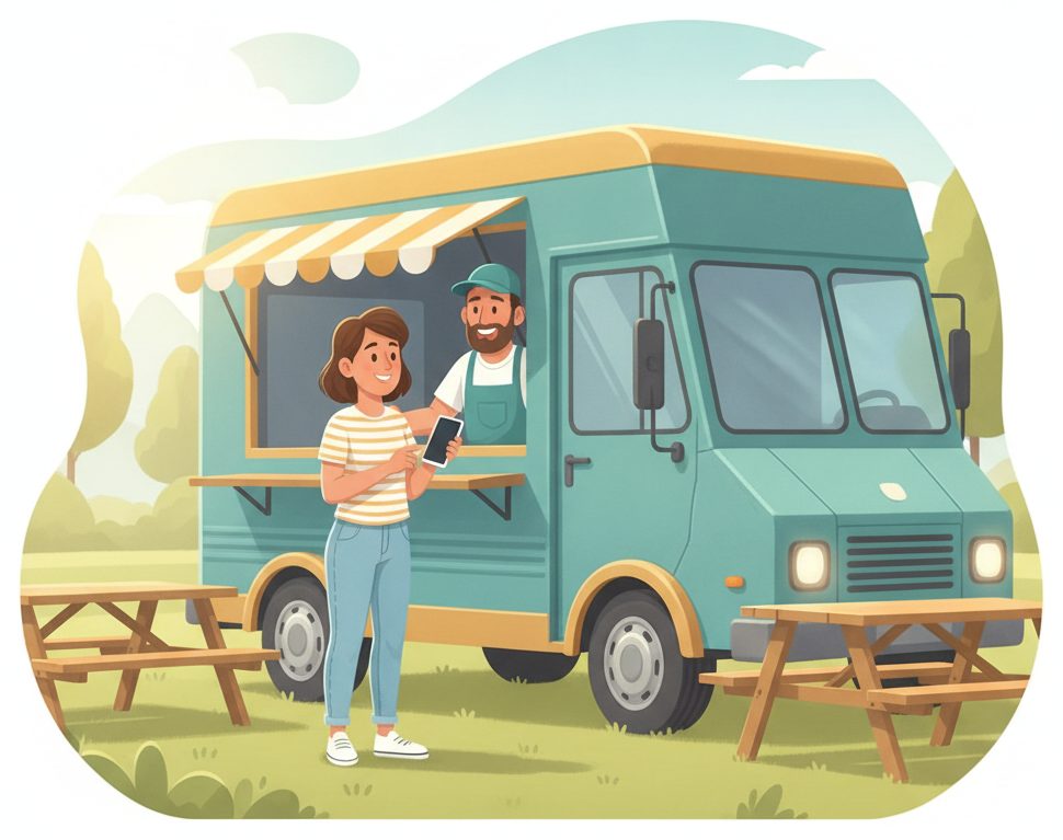 A customer with her phone and a friendly vendor at a colorful food truck in a sunny park.