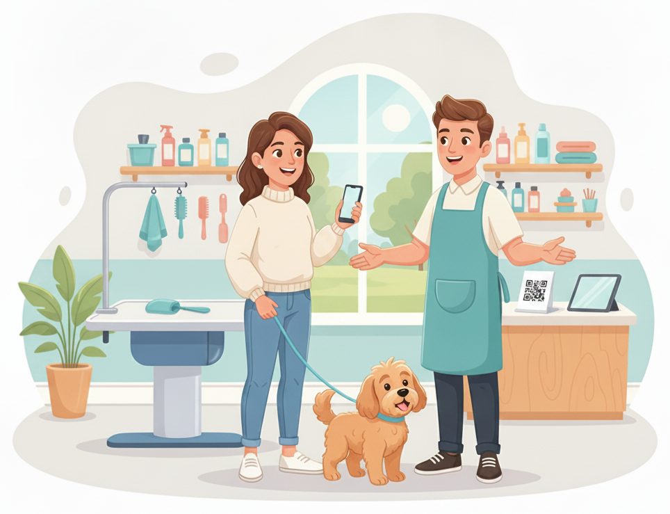 Pet groomers & grooming salons scene: Check your pet in from the QR.