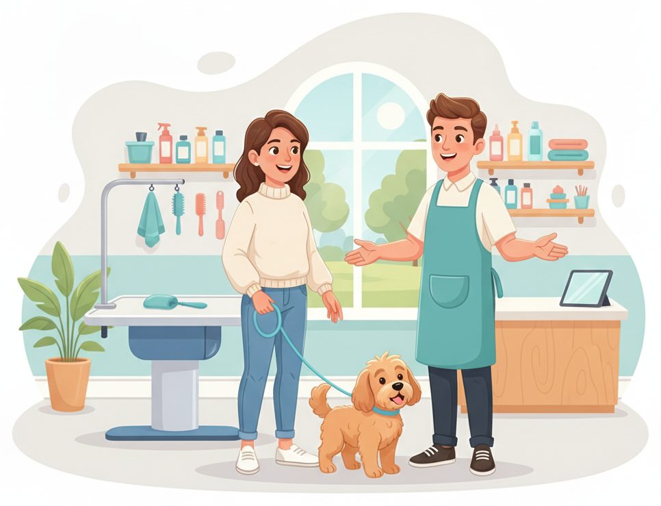 A pet owner with her fluffy dog and a friendly groomer at a bright grooming salon.