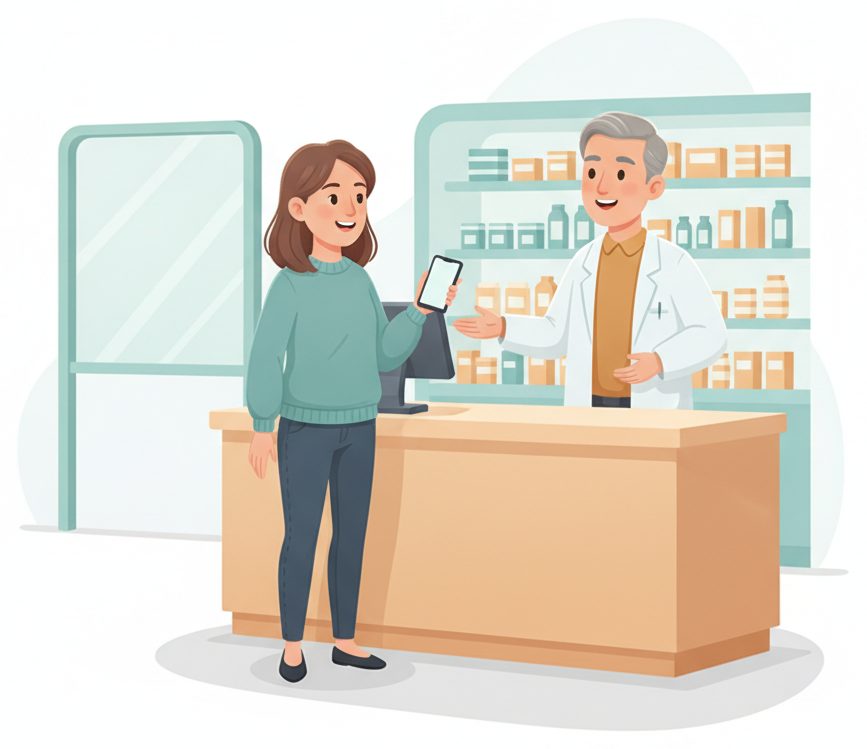 A customer with her phone and a friendly pharmacist at a clean pharmacy counter.
