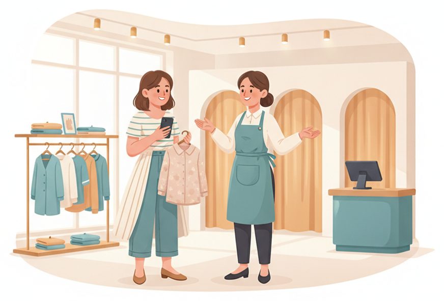 A shopper with her phone and a friendly sales associate in a bright modern boutique.