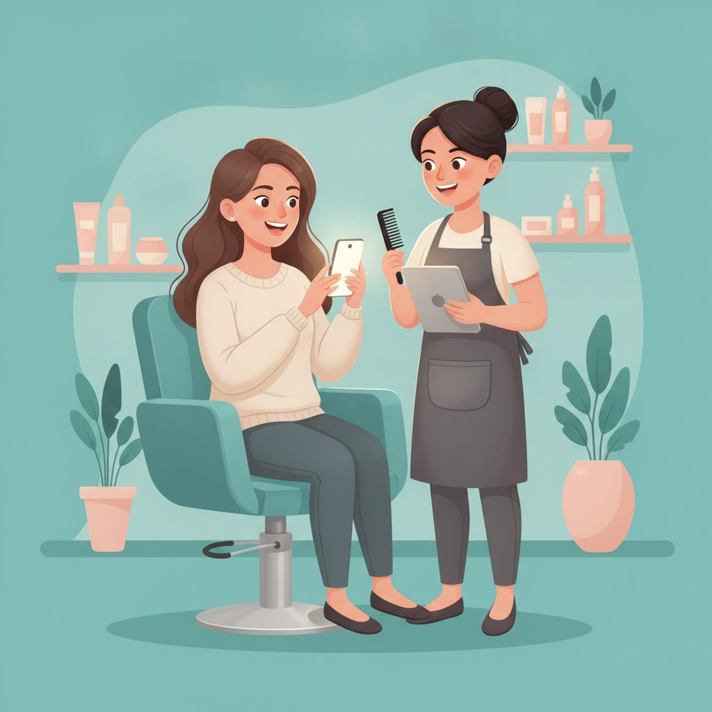 A client with a phone and a friendly stylist in a bright salon.