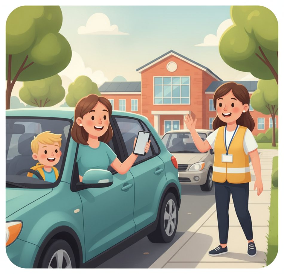 A parent in her car and a friendly school staff member in a safety vest at a sunny pickup carline.