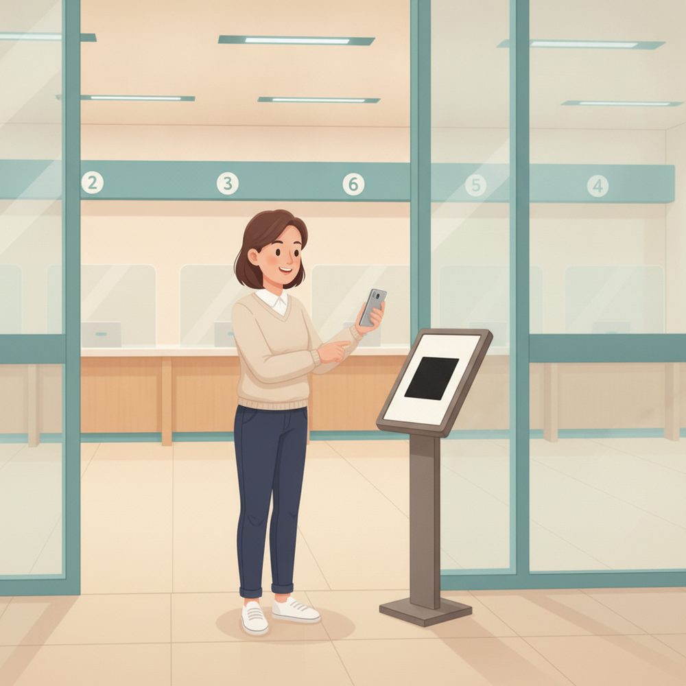 Service counters & DMV-style scene: Take a number from the QR.