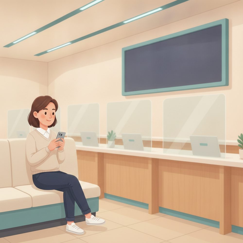 Service counters & DMV-style scene: Wait wherever you like.