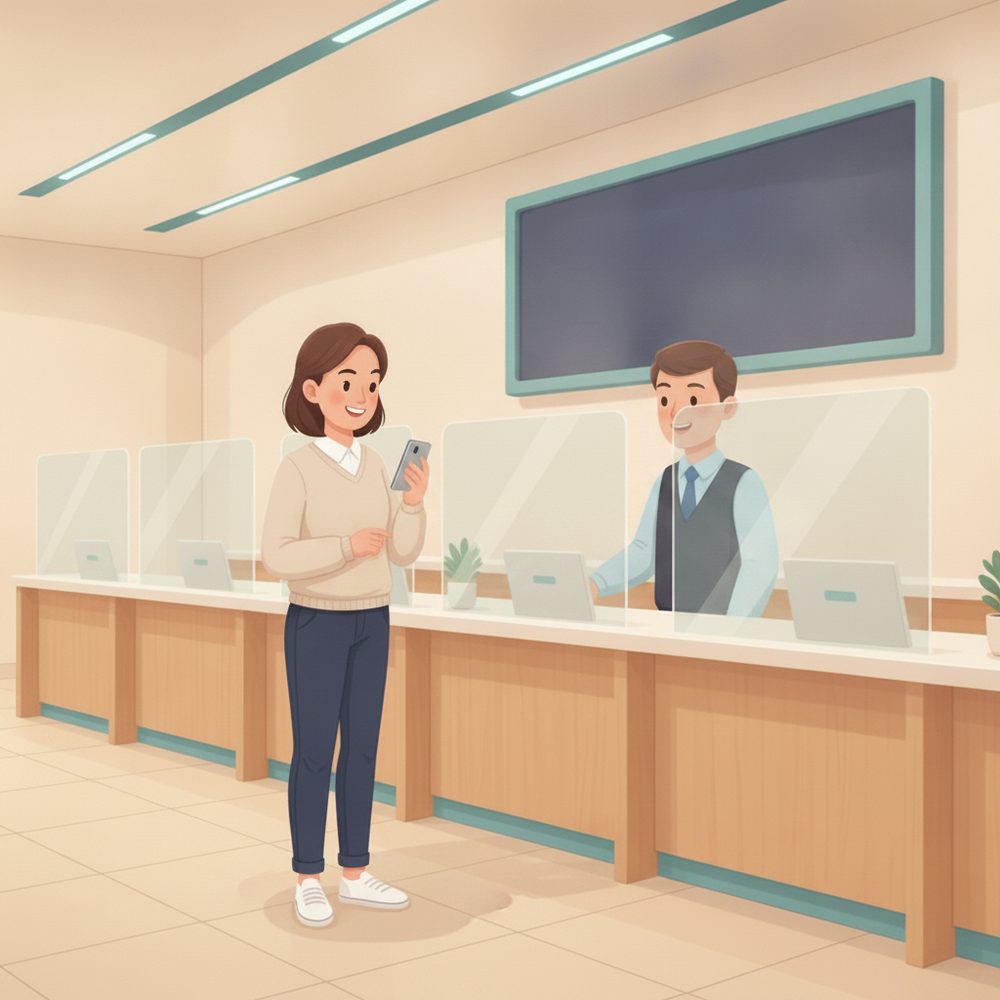 Service counters & DMV-style scene: “Now serving A-42”.