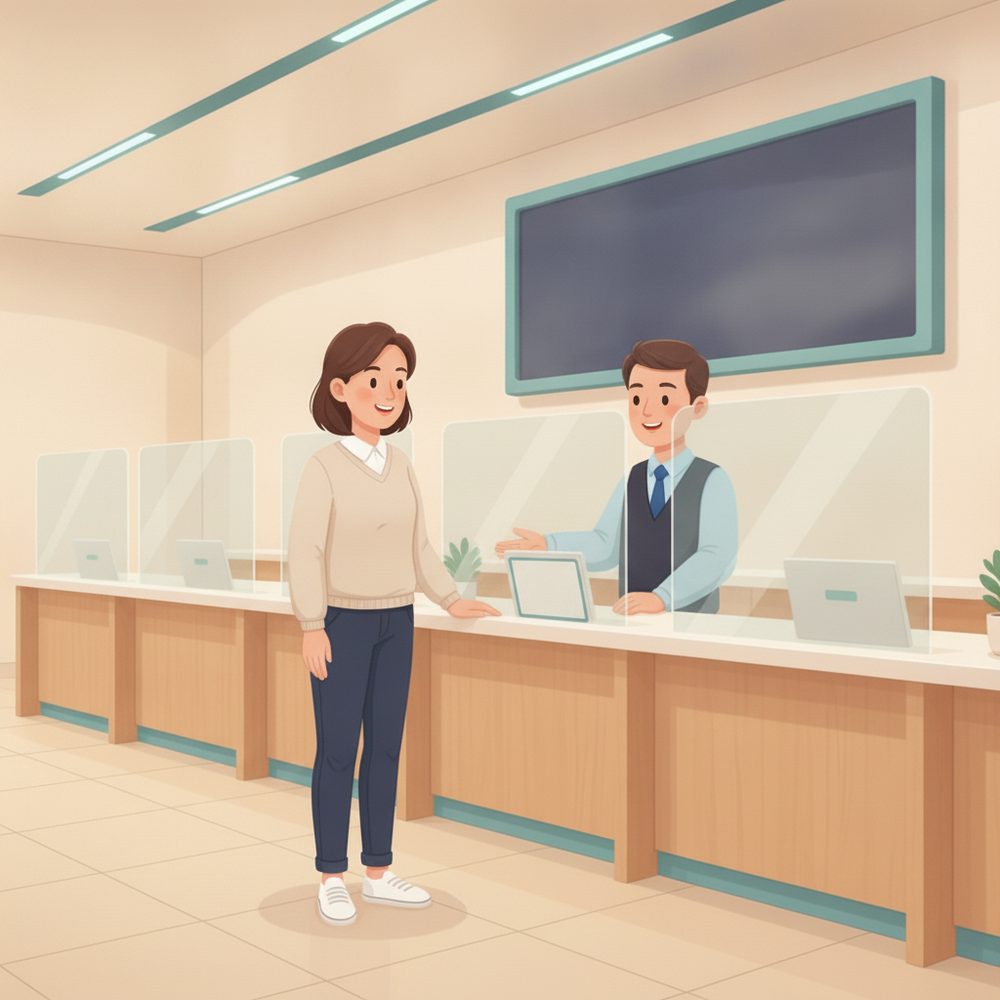 Service counters & DMV-style scene: Helped at the right window.