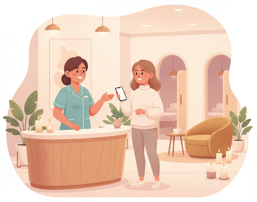 A guest with her phone and a friendly attendant at a serene spa reception with plants and candles.
